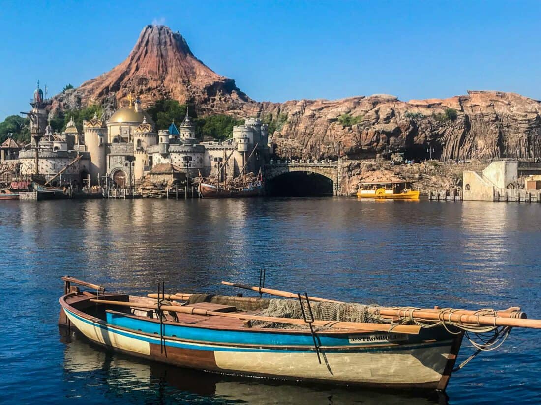 The volcano and Mediterranean Harbor at Tokyo DisneySea.