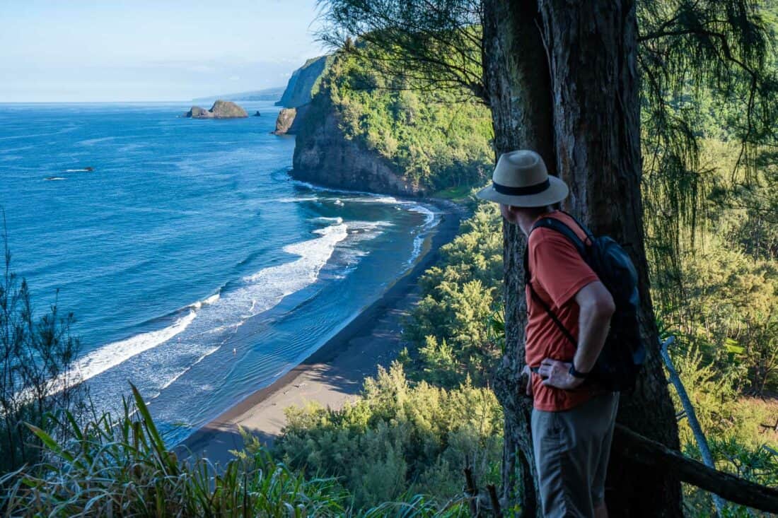 Pololū Valley black sand beach from the hiking trail on the Big Island Hawaii