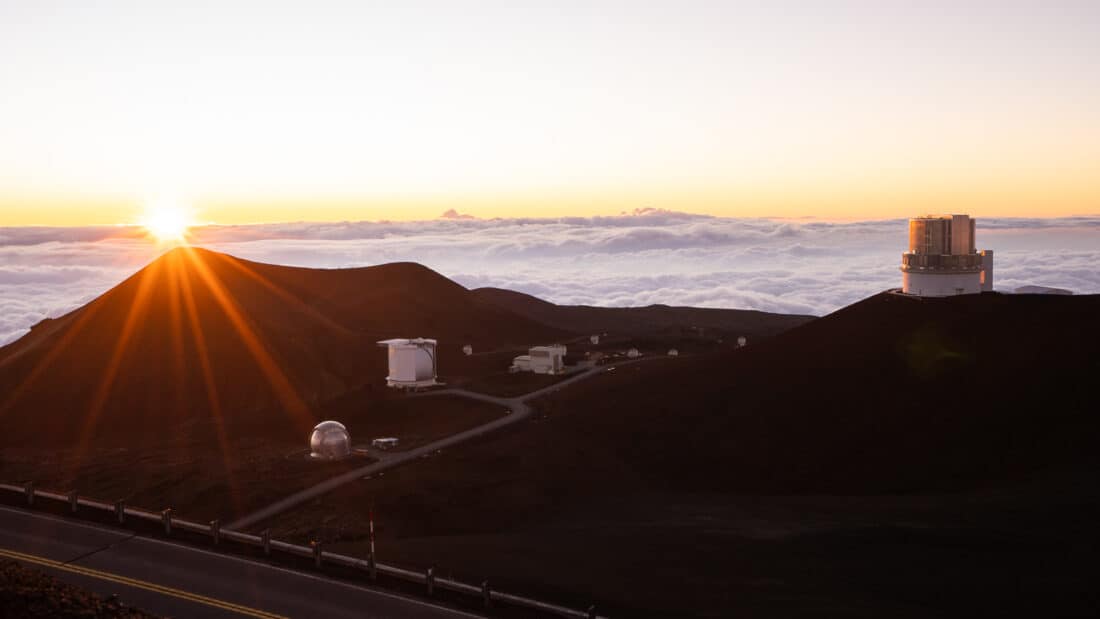 Telescopes at sunset at the Mauna Kea summit, Big island, Hawaii, USA