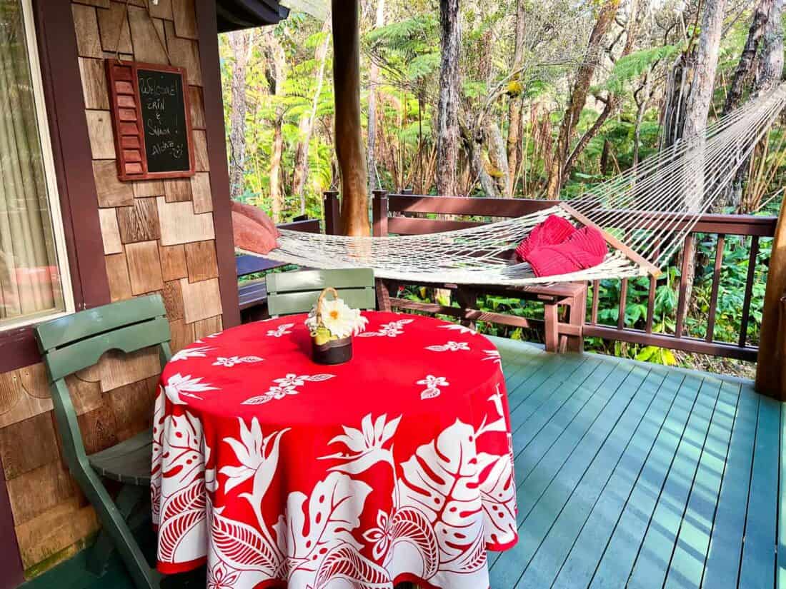 Lanai of our Volcano village cabin on the Big island, Hawaii, USA