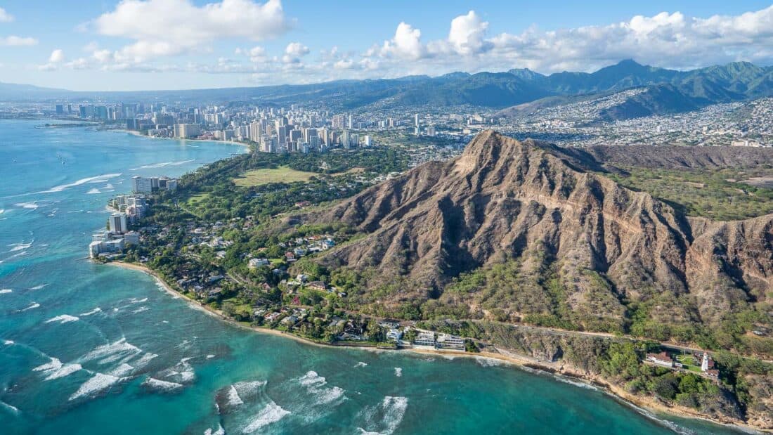 View of Diamond Head and Honolulu from a helicopter tour of Oahu, Hawaii, USA