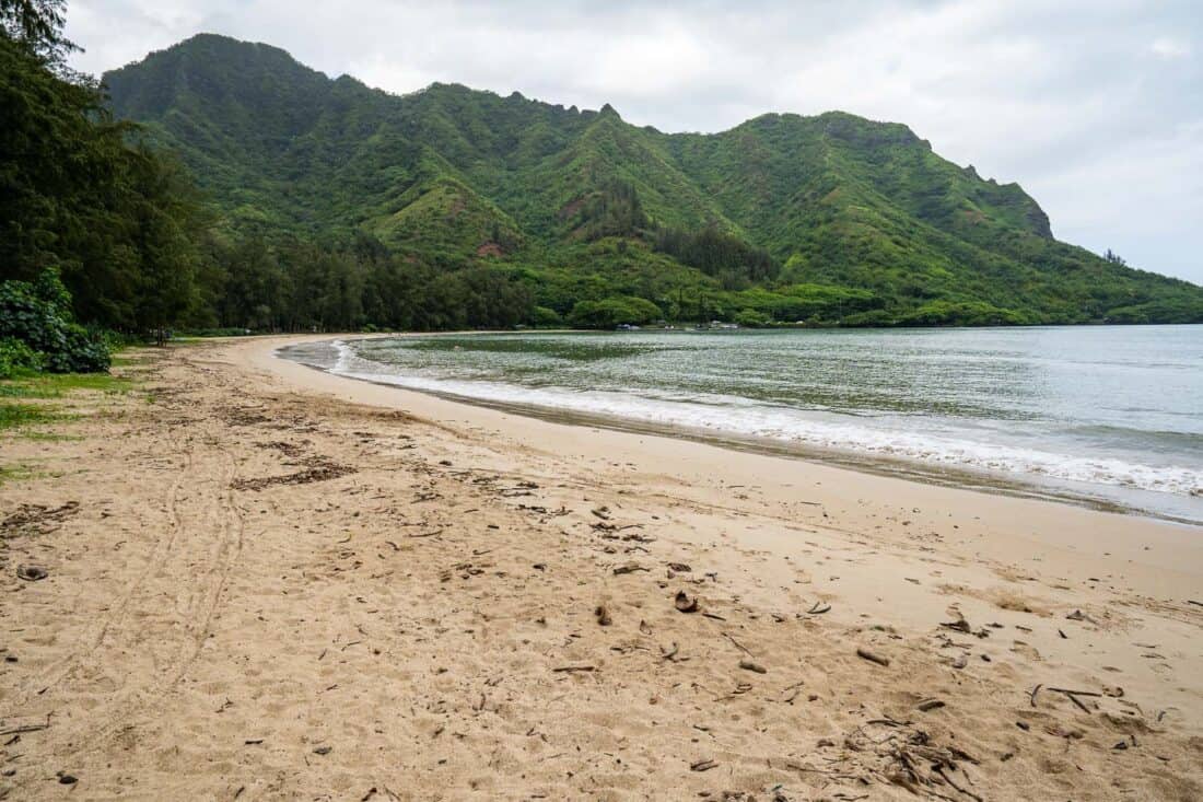 Kahana Bay Beach in Oahu on a rainy day
