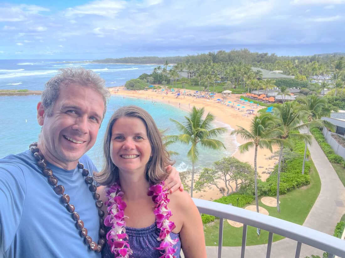 Simon and Erin on the balcony of their Turtle Bay Resort hotel room in North Shore Oahu, Hawaii, USA