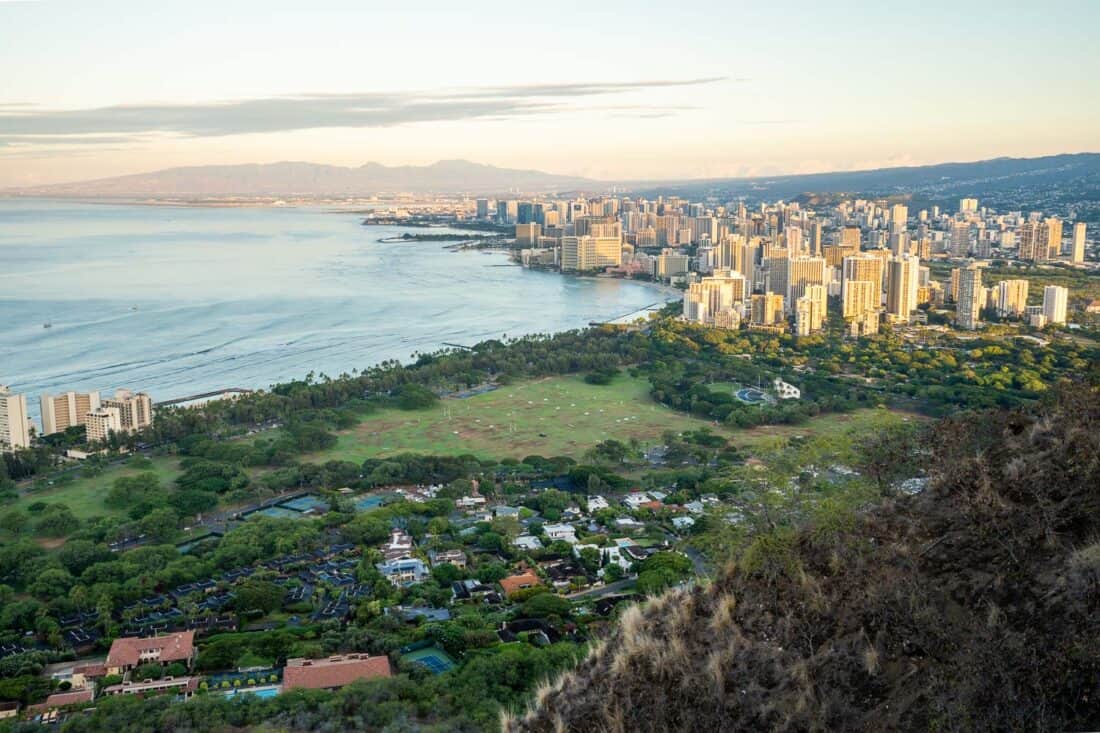 Honolulu view from Diamond Head summit, Oahu, Hawaii, USA