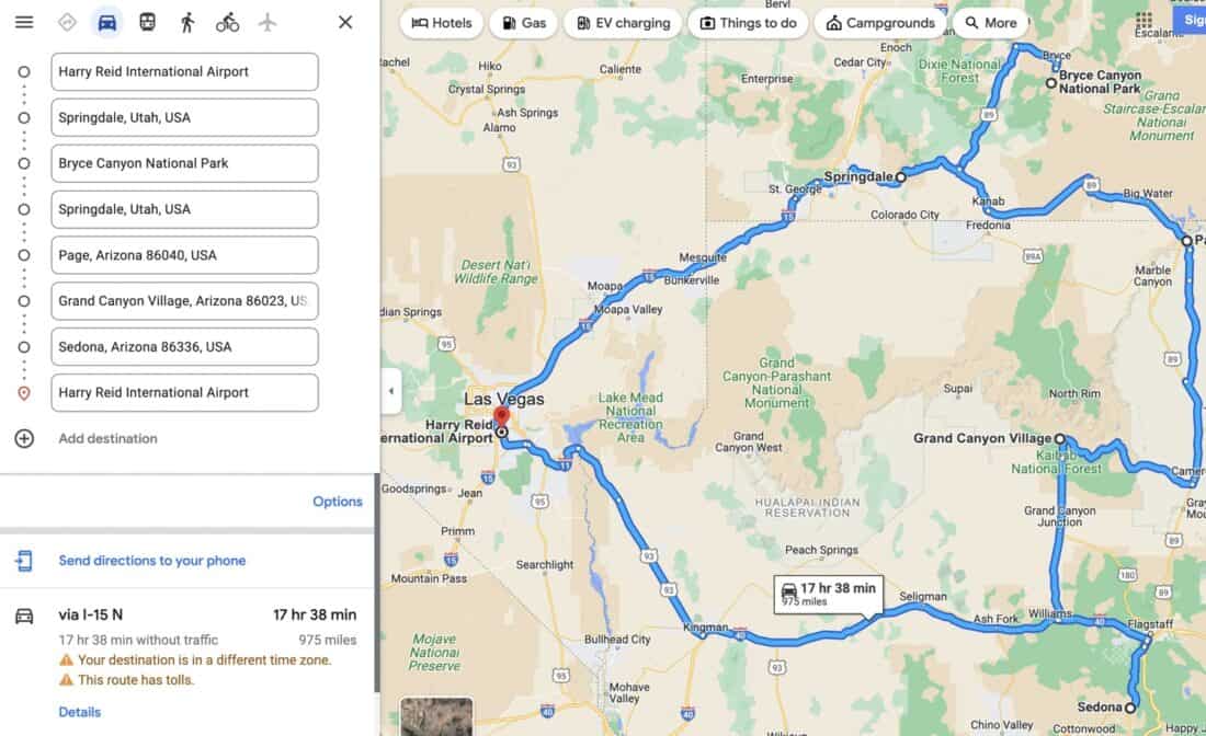 Map of a 10 day southwest road trip from Las Vegas.
