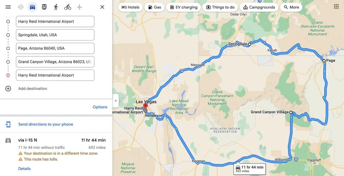 Map of a 5 day Southwest road trip loop from Las Vegas