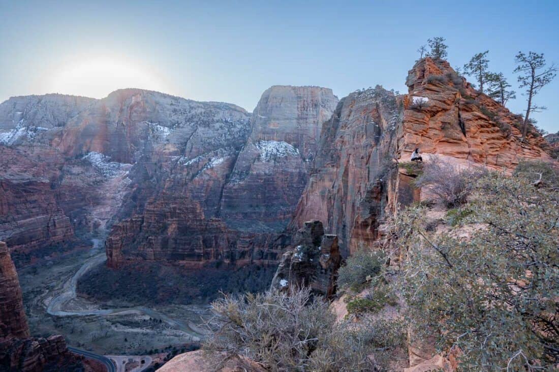 Steep Angels Landing trail to the peak, with winding path below, Zion National Park, Utah, USA