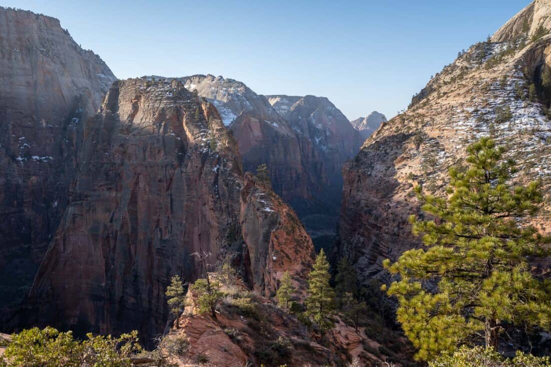 Steep and narrow Angels Landing trail to the peak in Zion National Park, Utah, USA