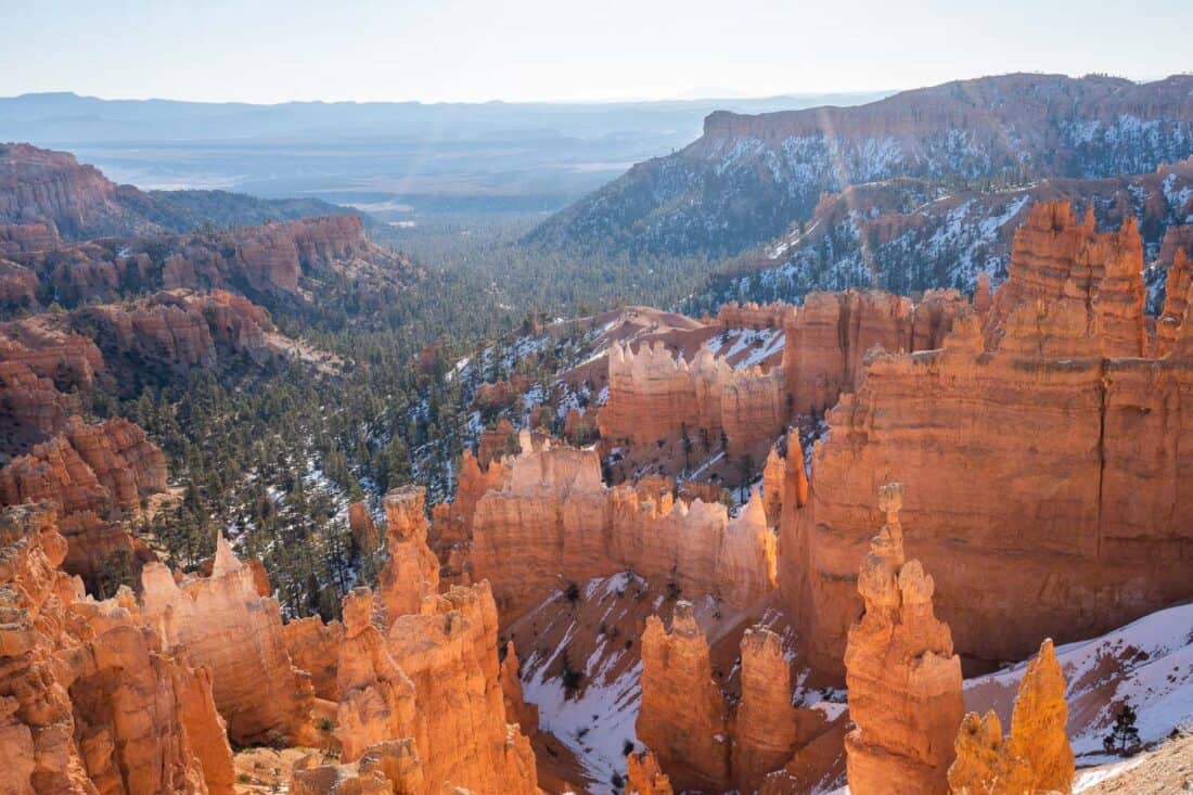 Snowy view from Sunset Point at Bryce Canyon National Park in the winter