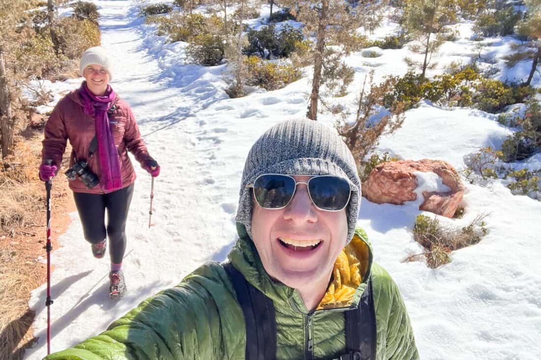 Hiking the Peekaboo trail in the snow in winter at Bryce Canyon National Park, Utah