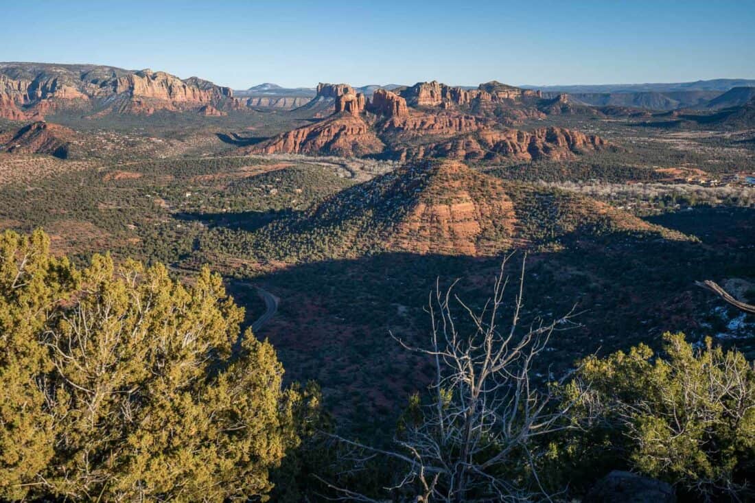 Panoramic vista from Schuerman Mountain of Cathedral Rock and surrounding Sedona mountain ranges, Sedona, Arizona, USA