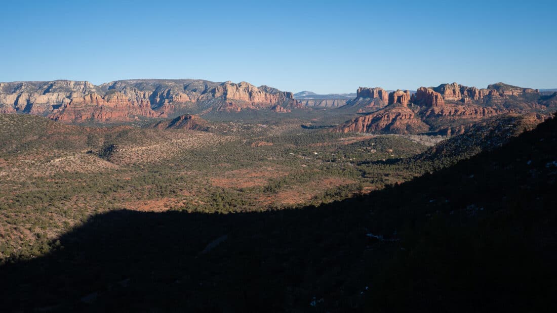 View of mountain range and Cathedral Rock in Sedona on the Schuerman Mountain ascent, Arizona, USA