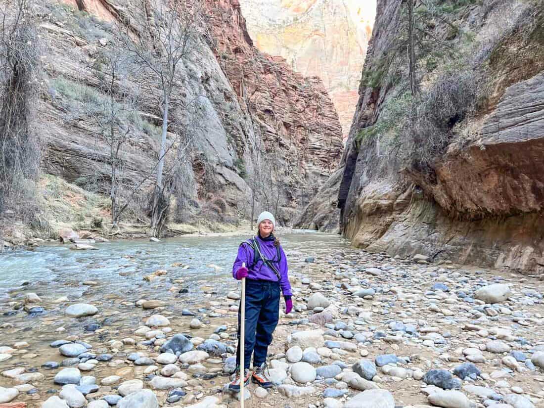 Erin in a full dry suit at the start of the Bottoms Up Zion Narrows hike, Zion National Park, Utah, USA