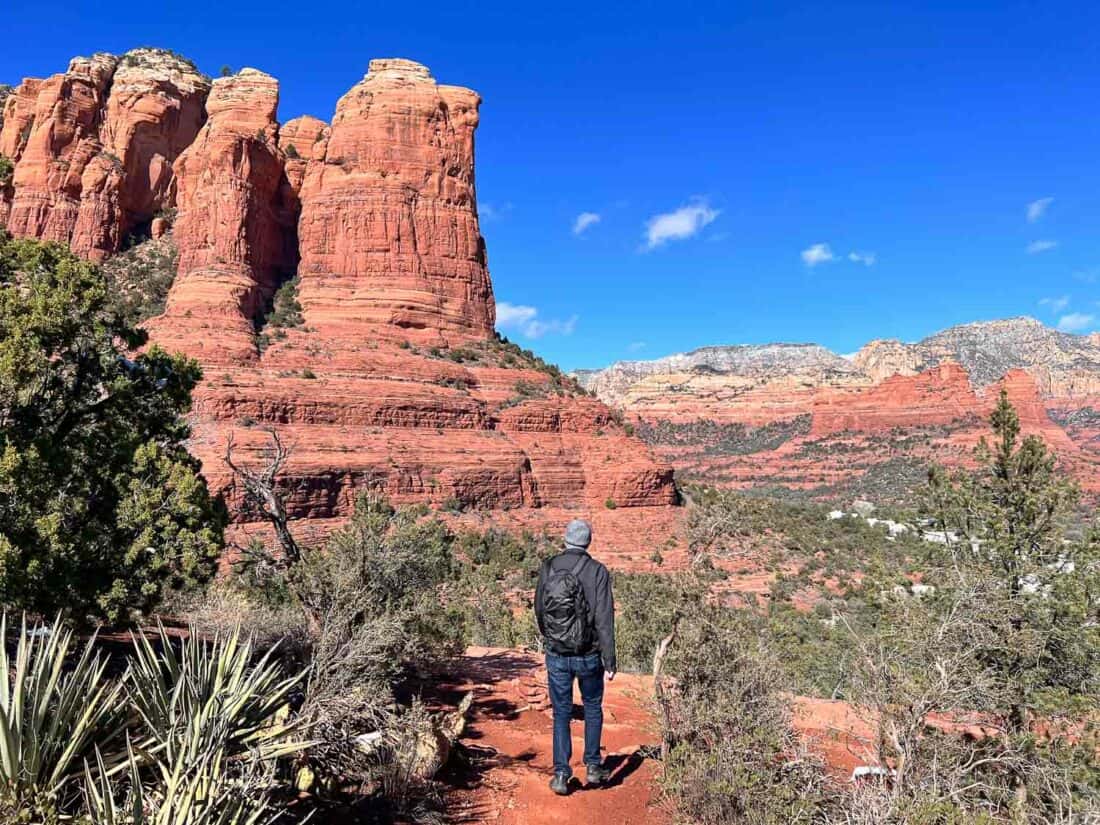 Tall features of Coffeepot Rock above spiky green foilage and a snowy mountain range in the distance, Sedona, Arizona, USA