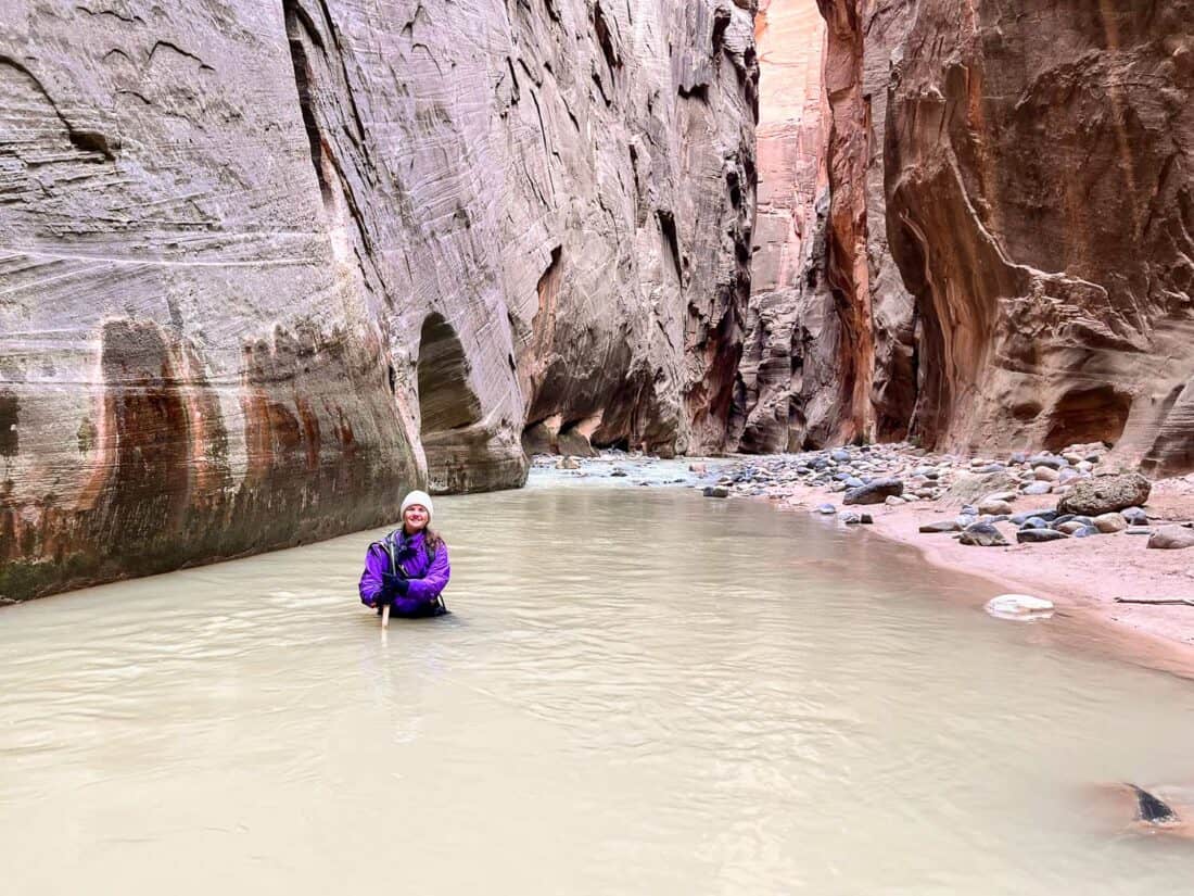 Erin up to her waist in water, The Narrows, Zion National Park, Utah, USA