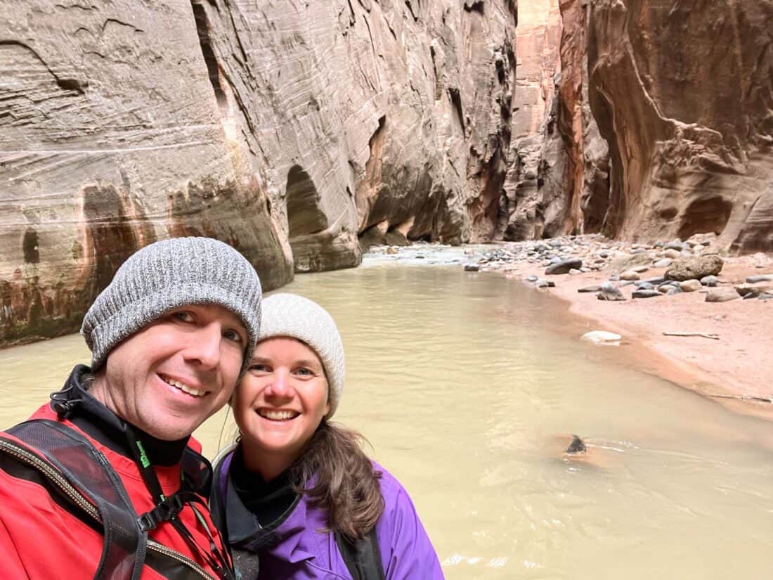 Erin and Simon reaching Wall Street, The Narrows, Zion National Park, Utah, USA