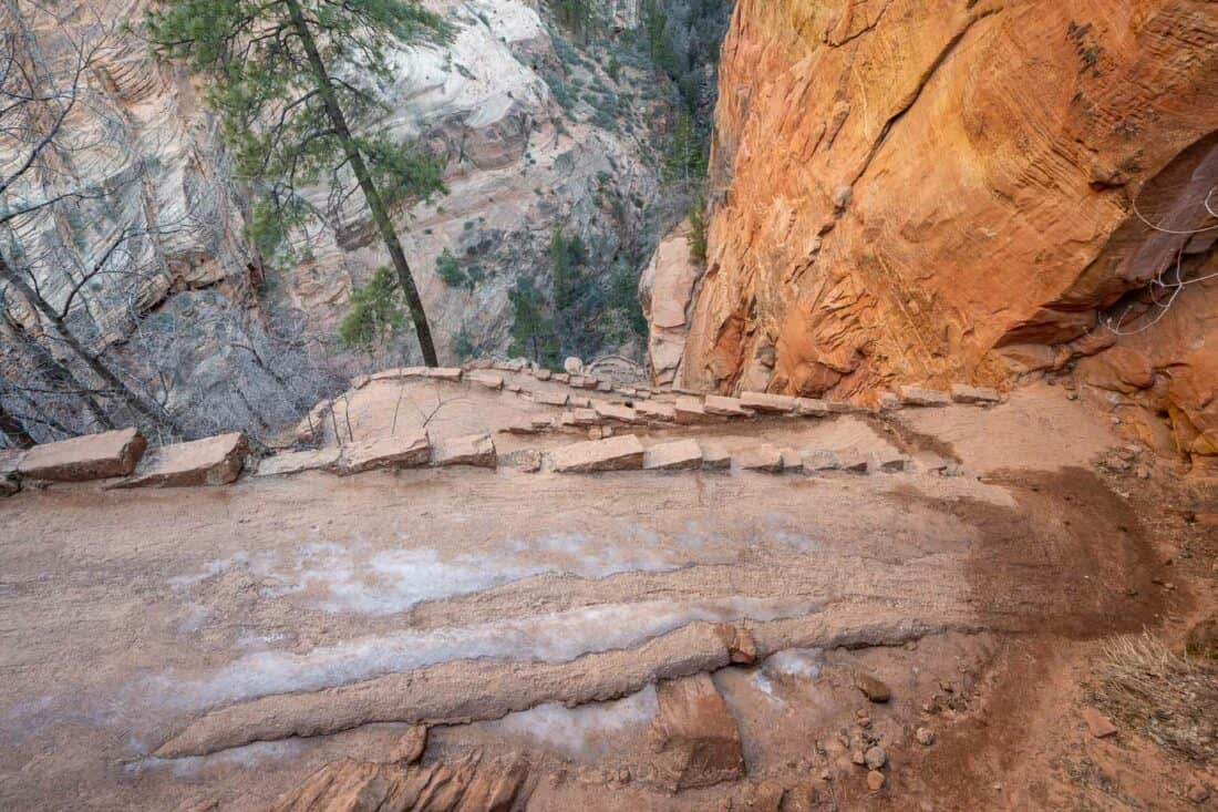 Looking down from the top of the zig-zagging Walter Wiggles path to Angels Landing in Zion National Park, Utah, USA