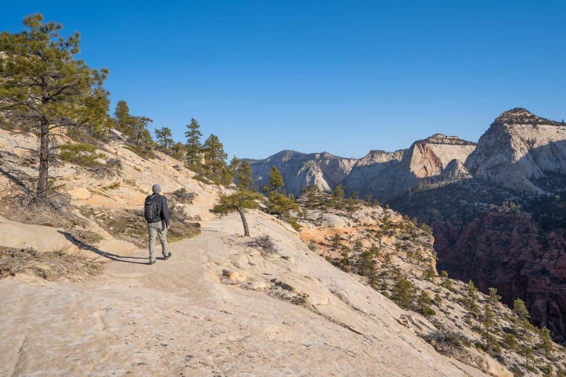 Simon hiking along the West Rim trail in Zion National Park, overlooking peaks in the distance. 