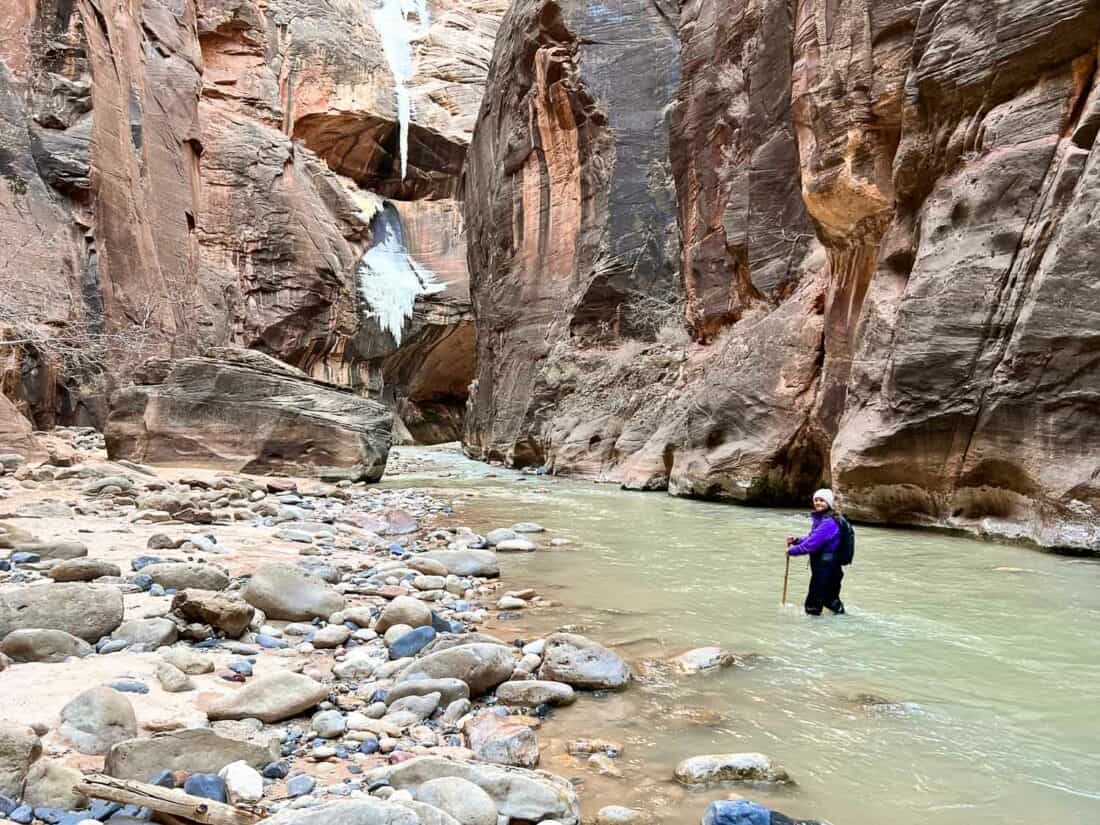 Erin knee deep in the Virgin River, The Narrows, Zion National Park, Utah, USA