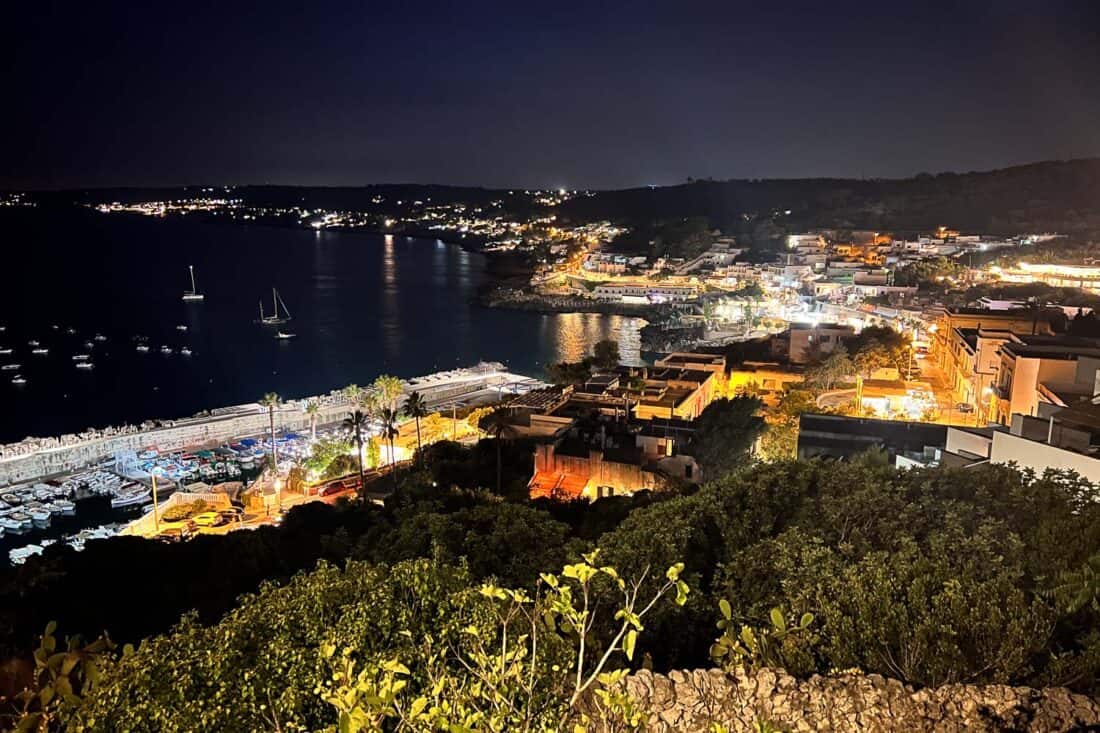 Night time view of Castro Marina from above, Castro, Puglia, Italy