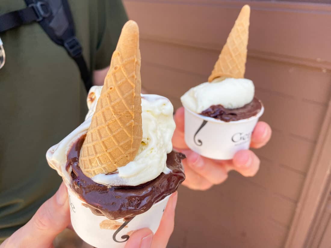 Chocolate Africano gelato from Antica Gelateria Gentile served in a tub with upside down cone, Bari