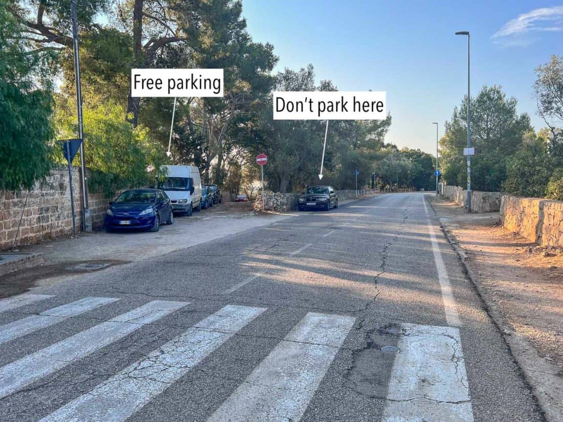 Parking instructions for where to park for Porto Selvaggio beach, Italy