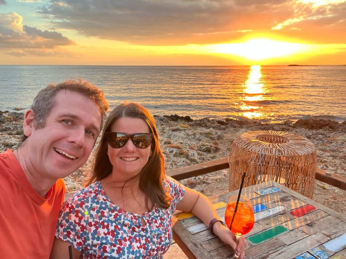 Simon and Erin watching the sunset at Torre San Giovanni from Vespera Bar, Salento