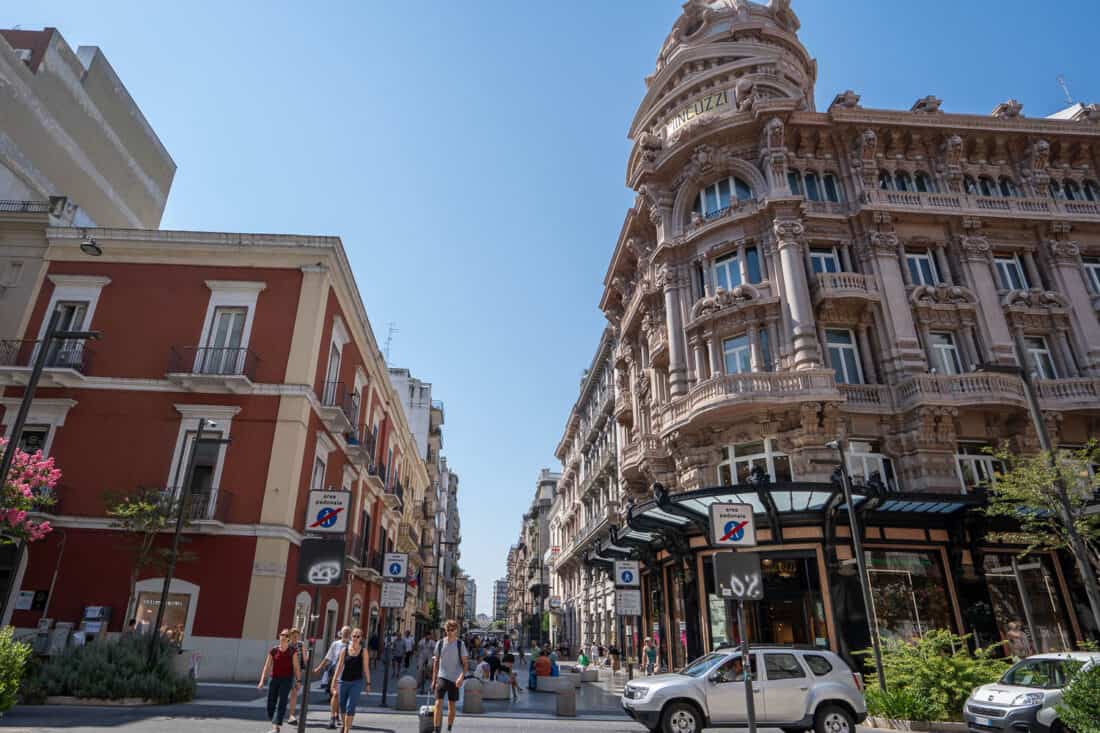 Via Sparano lined with shops housed in grand historic buildings in Bari, Italy