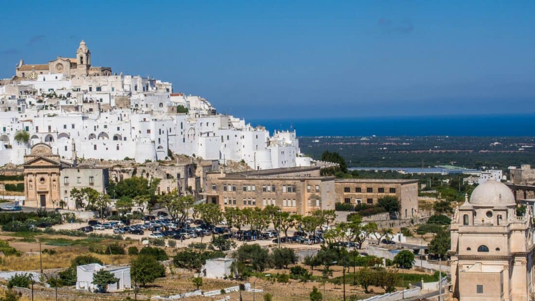 View of the white city of Ostuni Puglia from Piazzetta Martiri delle Foibe Belvedere, Italy