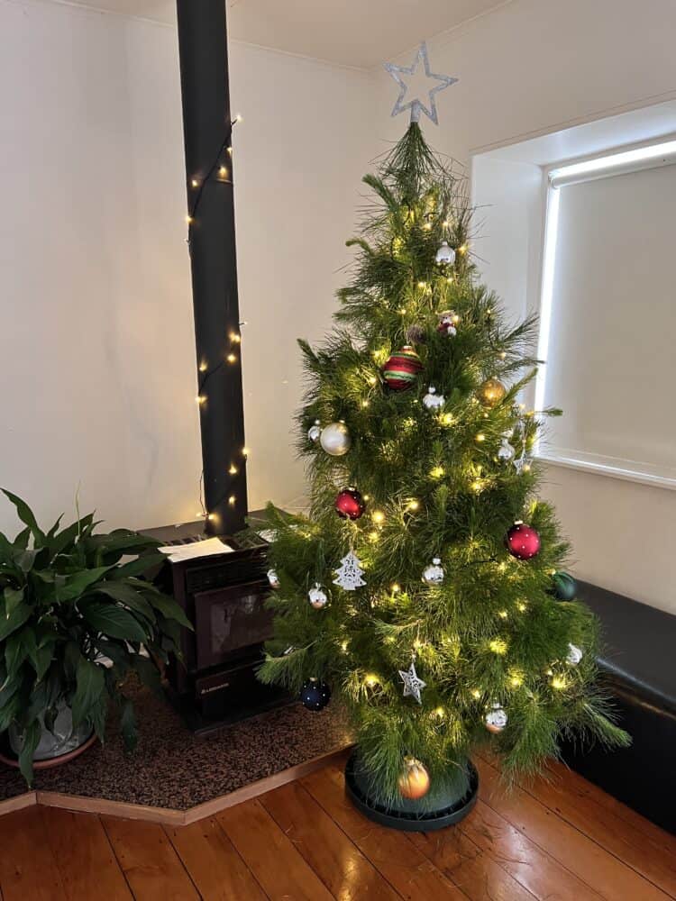 A christmas tree in the corner of a room covered in lights and baubles!