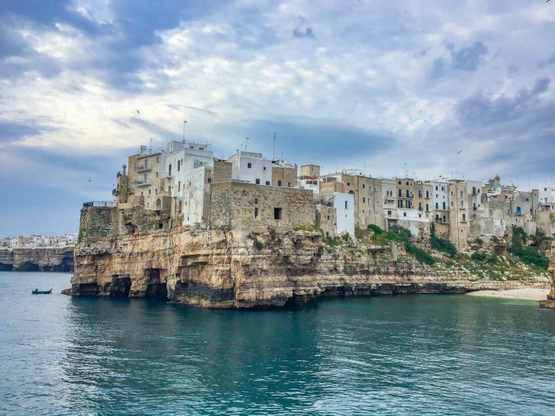 Spectacular Polignano a Mare perched on a craggy clif overlooking the sea, Puglia in Italy