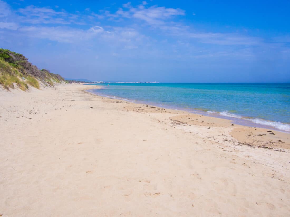 The quiet empty beach at Lido Morelli in May, Puglia