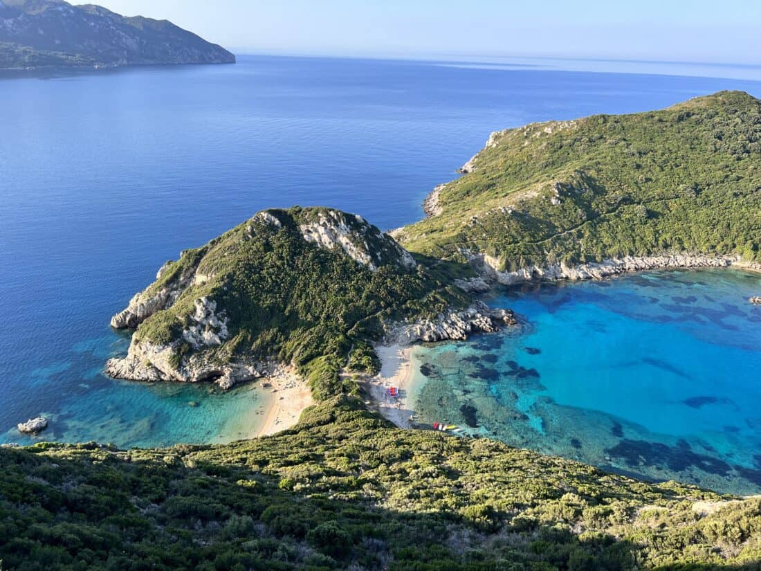 A view down to Porto Timoni, which has two bays back to back with a thin stretch of land between them