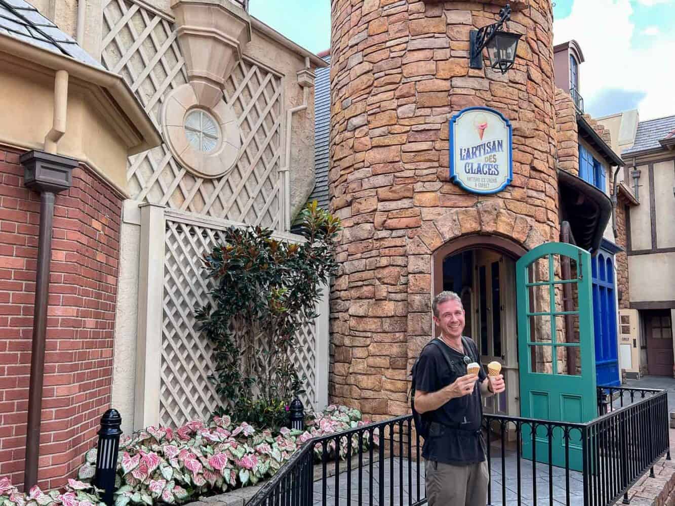 Simon with ice creams from L’Artisan des Glaces, Epcot, Disney World in Florida