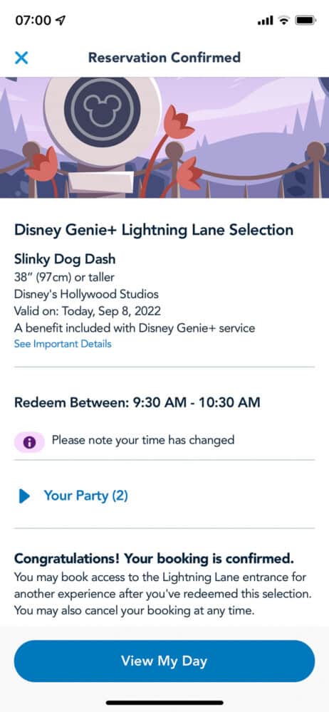 Screenshot of Disney Genie+ Lightning Lane booking