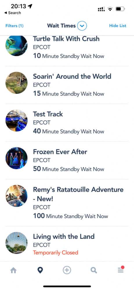 Screenshot of Epcot ride evening wait times at Disney World Florida
