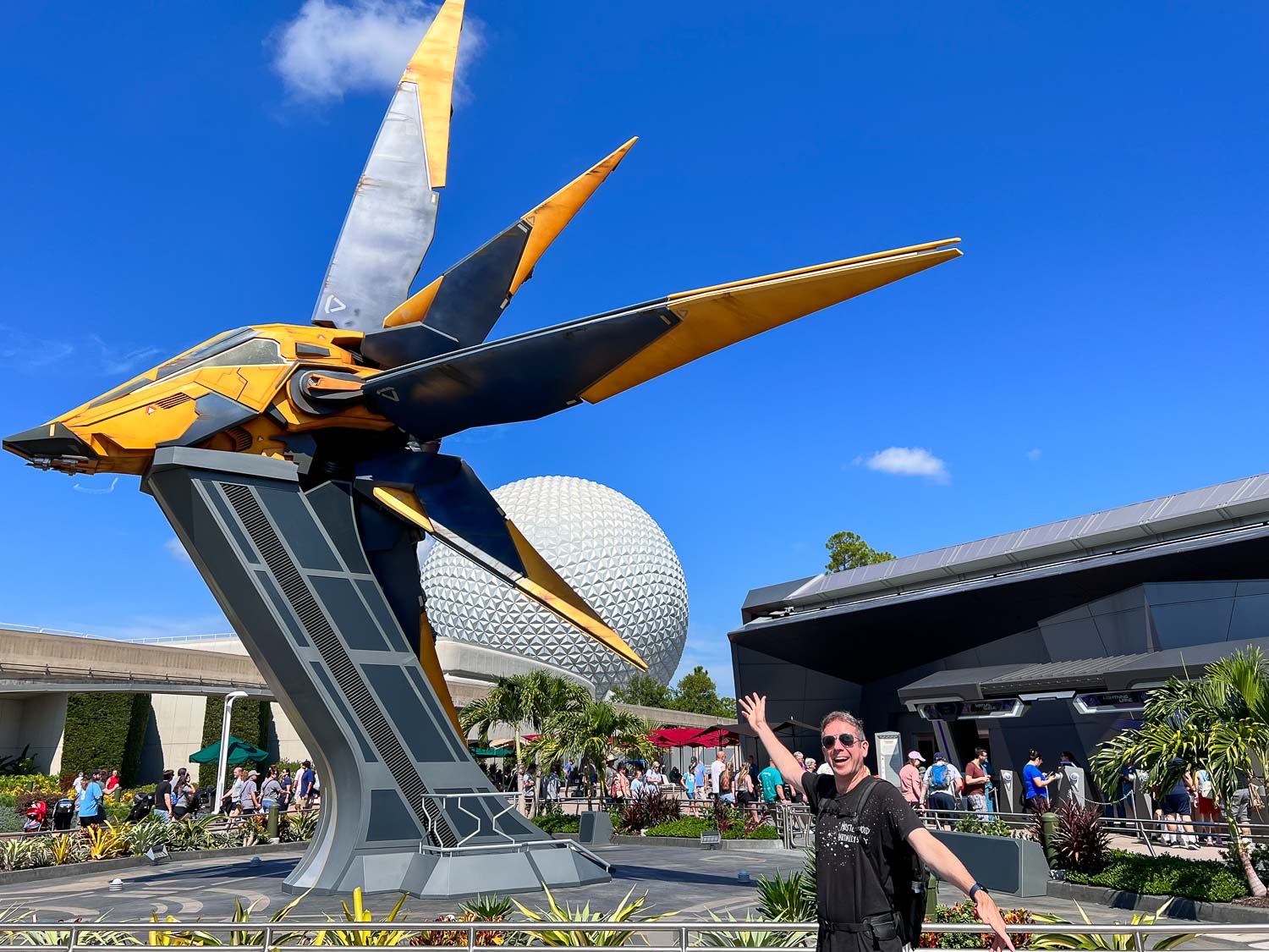 The Star Blaster and Epcot dome outside the Guardians of the Galaxy ride at Epcot, Disney World Florida