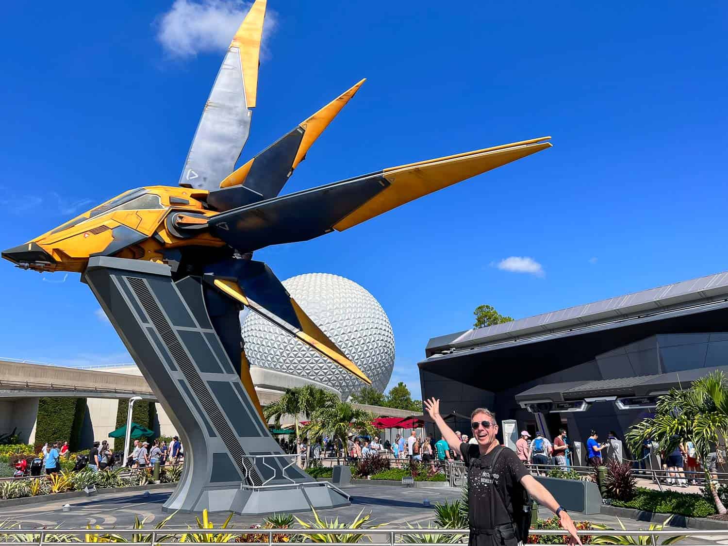 The Star Blaster and Epcot dome outside the Guardians of the Galaxy ride at Epcot, Disney World Florida