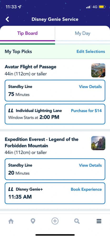 Screenshot of Lightning Lane options using the Disney Genie+ service