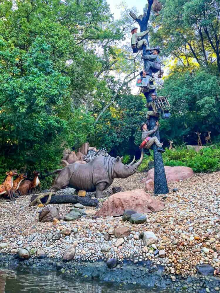 Funny rhino scene chasing people up a tree, Jungle Cruise, Magic Kingdom, Disney World