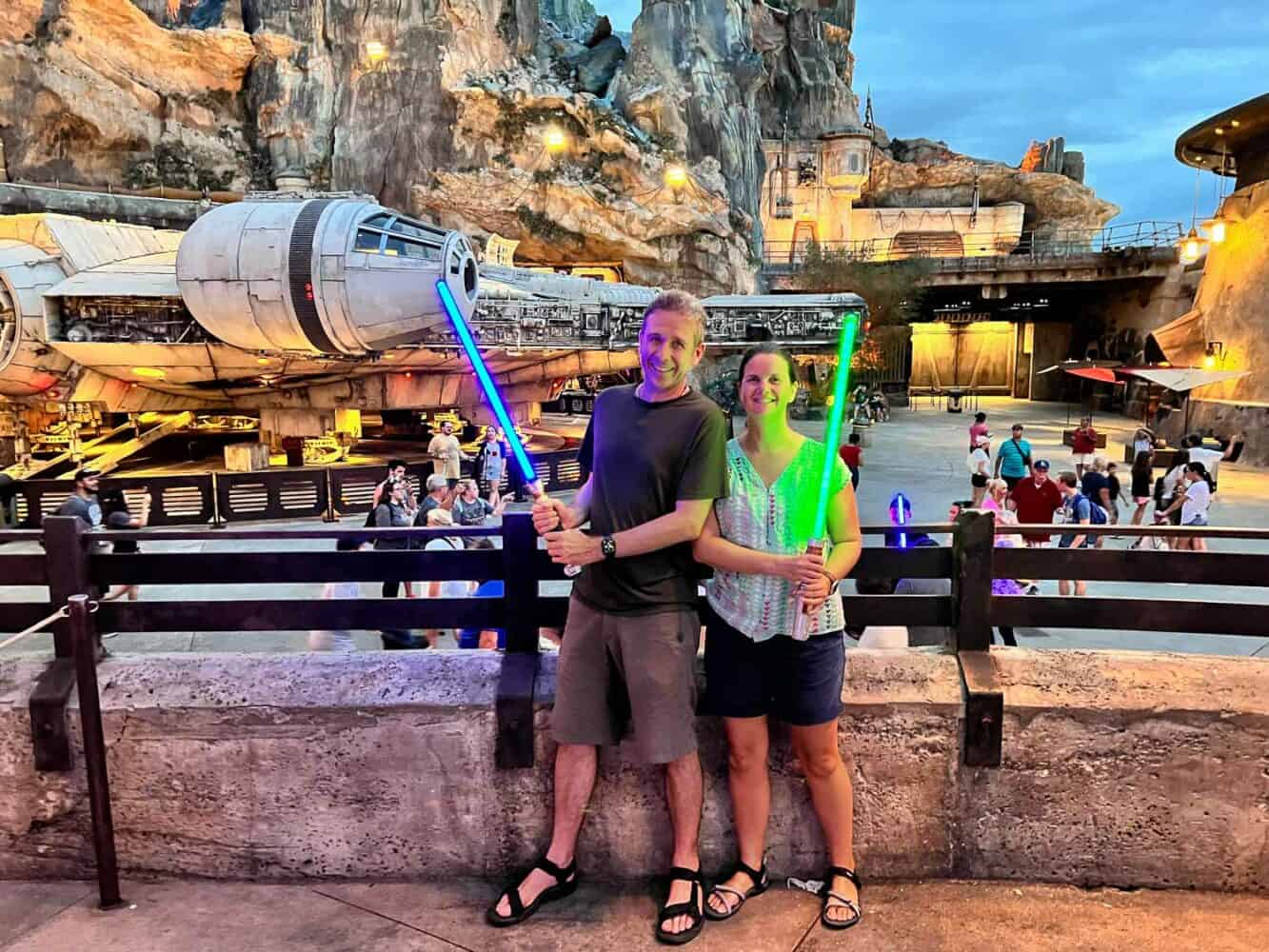 Simon and Erin with custom lightsabers, Hollywood Studios, Disney World, Orlando
