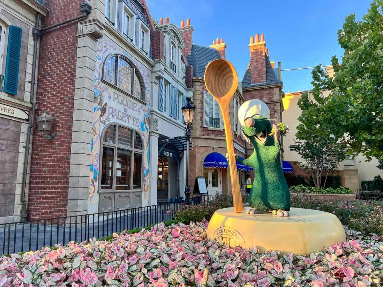 Statue of Remy outside Remy's Ratatouille Adventure ride in the France pavilion at Epcot, Disney World Orlando