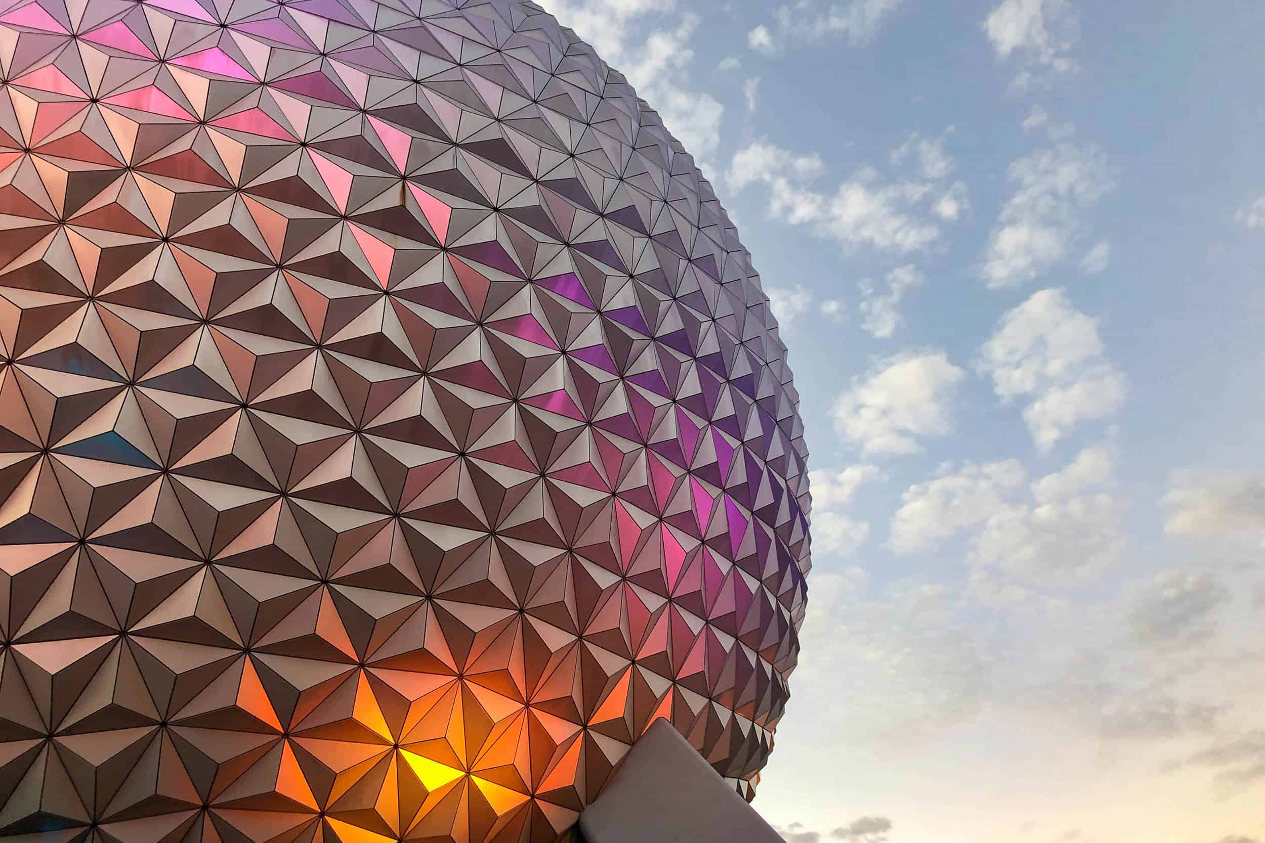 Seeing the iconic Epcot dome at night is one of the best things to do at Epcot in Disney World, Orlando