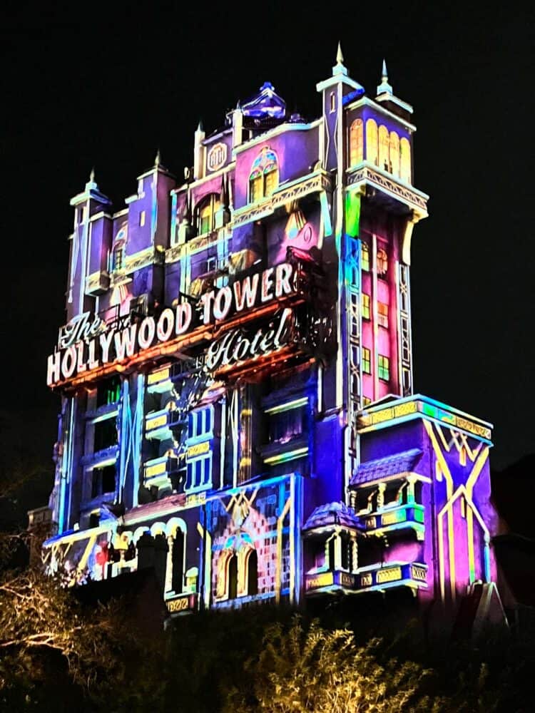 The Twilight Zone Tower of Terror illuminated at night, Hollywood Studios, Disney World