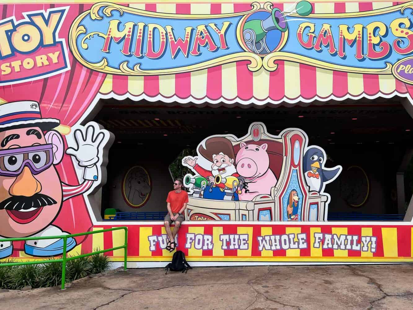 Simon sitting on the counter of the Toy Story Mania! Midway Games facade, Hollywood Studios, Disney World