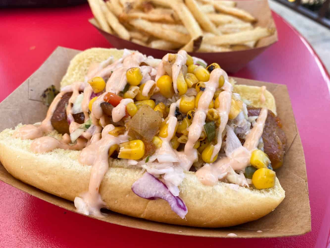 Vegan hot dog with sweetcorn and relish from Casey's Corner, Magic Kingdom, Disney World