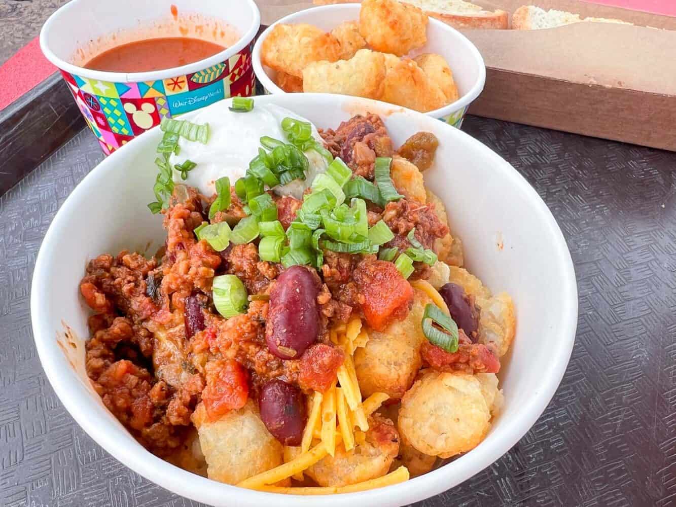 Plant-based chilli on “totchos” with green onion and cheese, Woody's Lunch Box, Hollywood Studios, Disney World, Orlando
