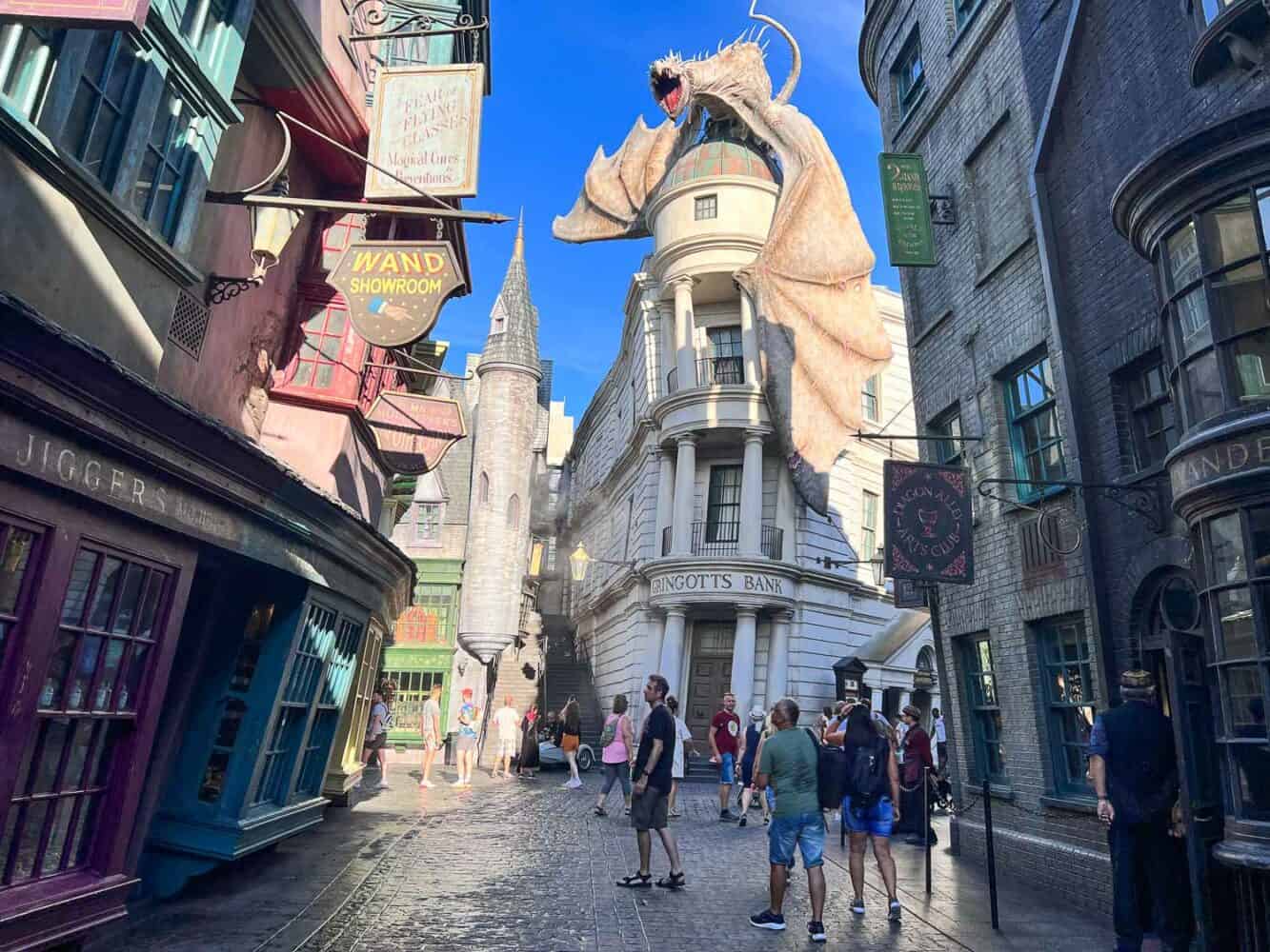 Gringotts Bank and dragon down Diagon Alley, Universal Orlando, USA