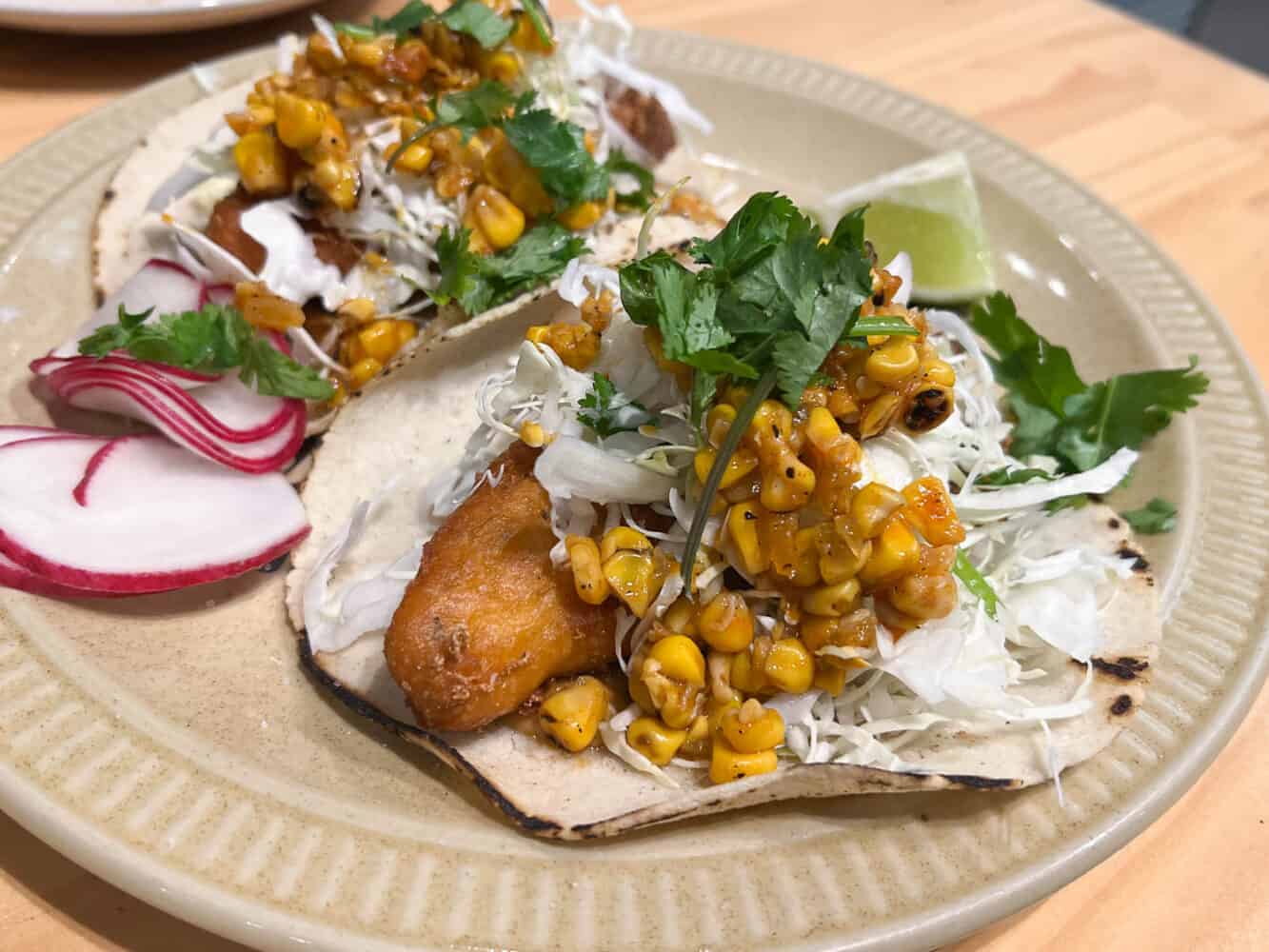 Vegan fish tacos with corn salsa at El Planta, Brisbane, Australia