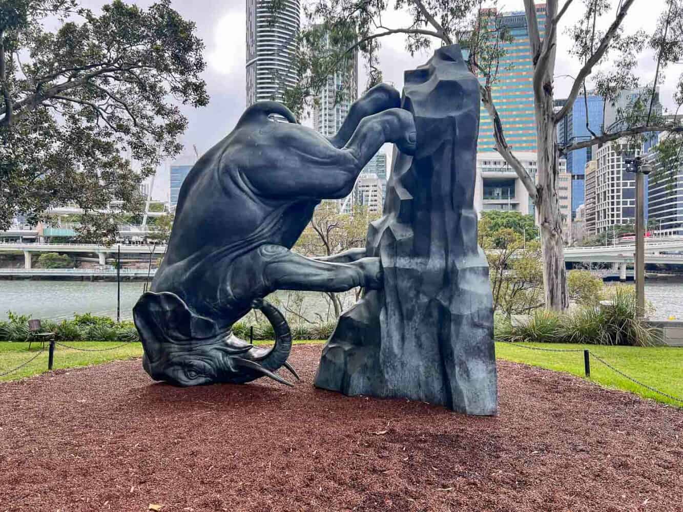 The World Turns sculpture by Michael Parekowhai on the lawns of the Gallery of Modern Art, Brisbane, Australia